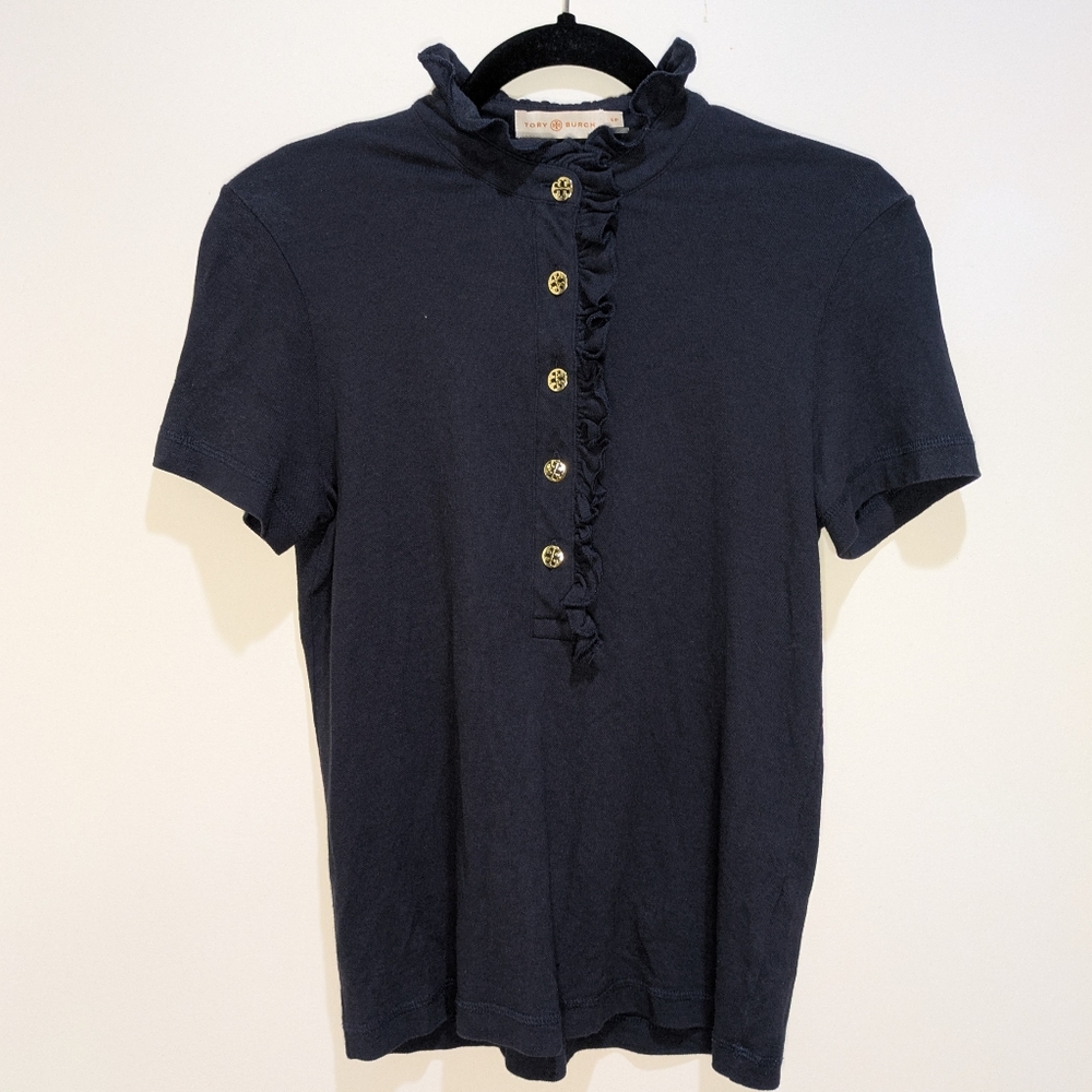 Tory Burch Emily Lidia Ruffle Neck Short Sleeve Polo Shirt Knit Black Size XS